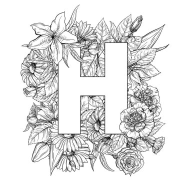 Vintage çiçek alfabe. El vektör çizim Isolated beyaz zemin üzerine çekilmiş..