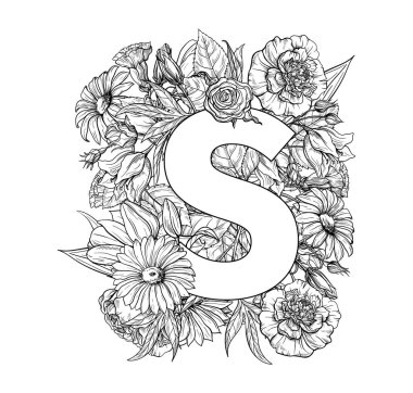 Vintage çiçek alfabe. El vektör çizim Isolated beyaz zemin üzerine çekilmiş..
