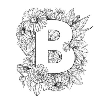 Vintage çiçek alfabe. El vektör çizim Isolated beyaz zemin üzerine çekilmiş..