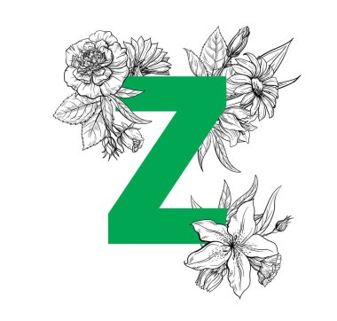 Vintage çiçek alfabe. El vektör çizim Isolated beyaz zemin üzerine çekilmiş..