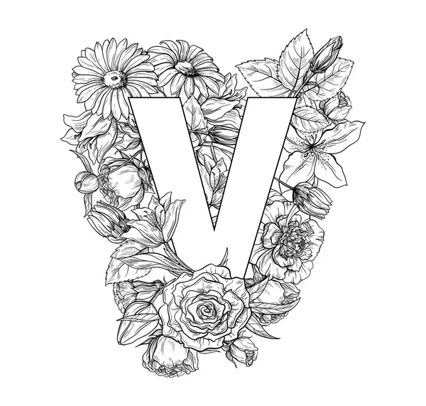 Vintage flower abeceda. Ručně kreslené vektorové ilustrace izolované na bílém pozadí. — Stockový vektor