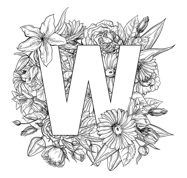 Alfabeto de flores vintage. Ilustración vectorial dibujada a mano Aislada sobre fondo blanco . — Vector de stock