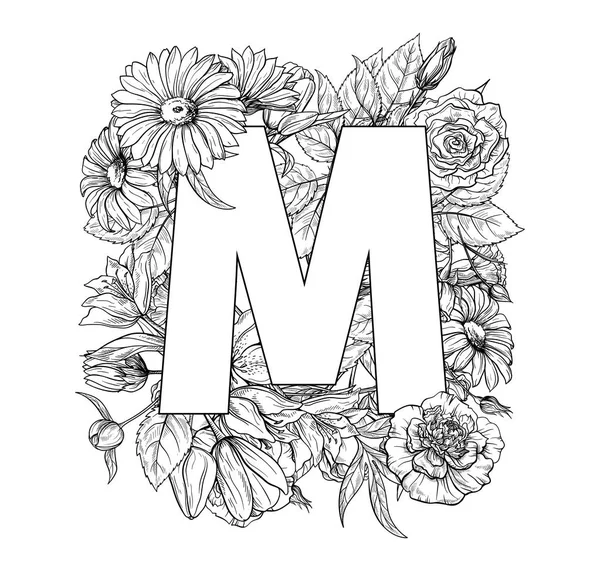 Alphabet fleur vintage. Illustration vectorielle dessinée à la main Isolé sur fond blanc . — Image vectorielle