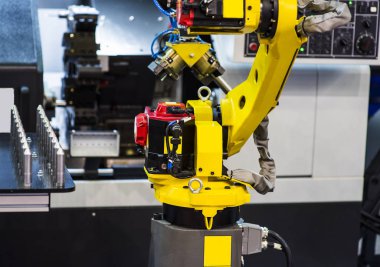 Artırılmış gerçeklik sanayi konsepti için. Robotik ve otomasyon sistem denetim uygulamasında robot kol akıllı üretim arka planda otomatikleştirmek.