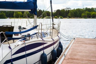 Etrafına demirleme halatı bağlanmış bir demirleme halatı arka planda tekne ve gemilerle limandaki bir demirleme limanında ve teknelerde.