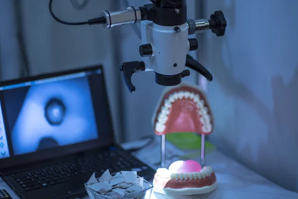 Examen Microscópico Mandíbula Con Una Salida Computadora Concepto Dental — Foto de Stock