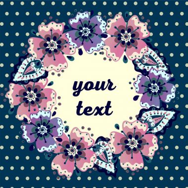 çiçek ve bukleler ve yaprakları ile metin çerçevesi için karikatür çiçek retro arka plan kartı