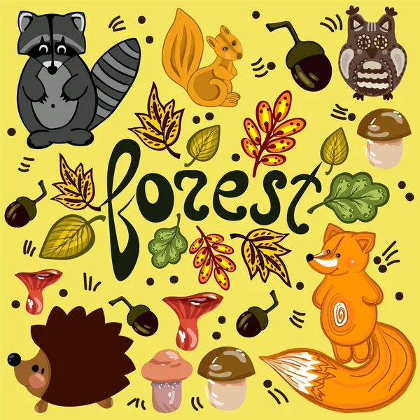 Bonito desenho animado suave outono desenhado à mão conjunto de animais da floresta —  Vetores de Stock