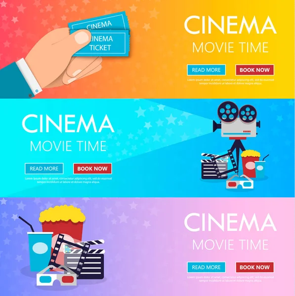 Panji horizontal vektor datar dari bioskop untuk situs web. Konsep bisnis film, film dan teater. Tata elemen terisolasi dalam desain . - Stok Vektor