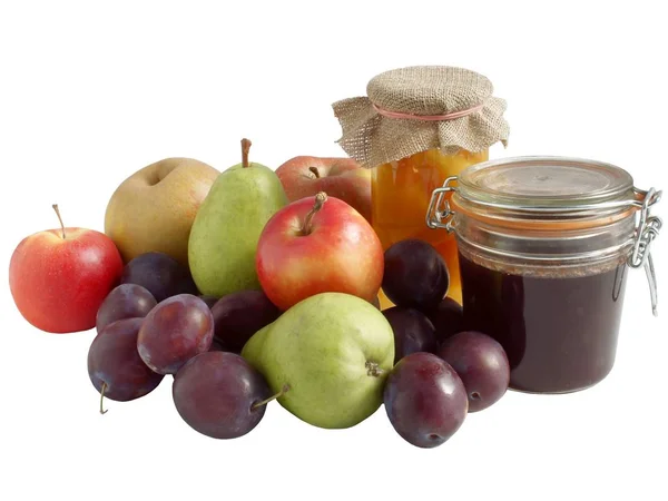 Äpplen, päron och plommon frukt — Stockfoto