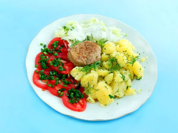 Fleischschnitzel Mit Gemüsesalat Und Kartoffeln Aus Nächster Nähe — Stockfoto