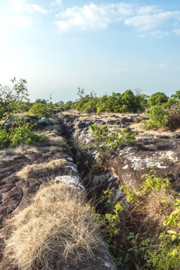 Mavi gökyüzü olan taştan arazi manzarası, Phu Hin Rong Kla National P