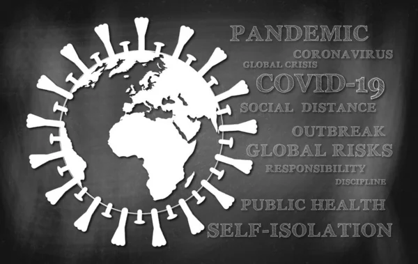 Black Chalkboard Words Cloud Illustration Planet Earth Represented Coronavirus Pathogen — Stock Photo, Image