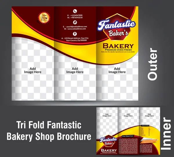 Tri Fold Fantástico Bakery Shop Brochura Design — Vetor de Stock