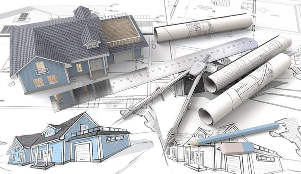 3D dům na Design skici a plány. — Stock fotografie