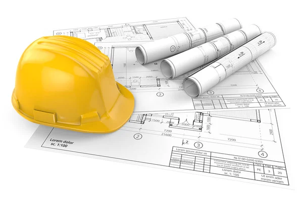 3D mimari planlar ve kask.