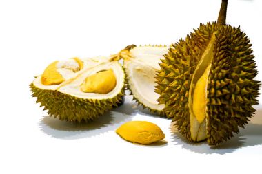 Taze kesilmiş Durian Durian Durian hamuru, Durian D158 yakından görmek beyaz arka plan üzerinde