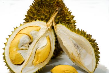 Taze kesilmiş Durian Durian Durian hamuru, Durian D158 yakından görmek beyaz arka plan üzerinde