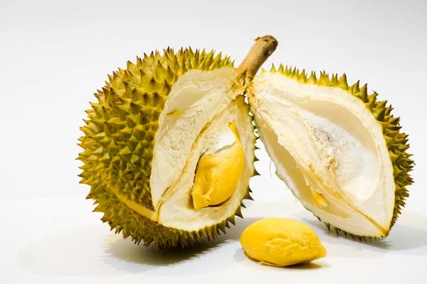 Fresh Cut Durian na białym tle, zbliżenie Durian Durian miazgi, Durian D158 — Zdjęcie stockowe