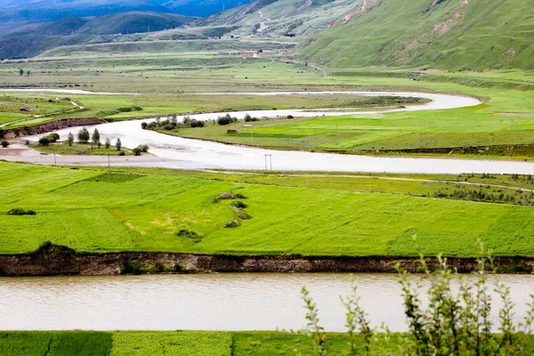 Groene Tibet landschap op zonnige dag met kleurenfilter — Stockfoto