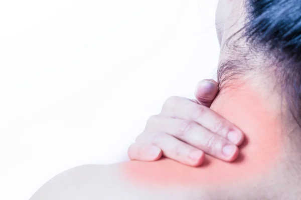 Closeup mulheres pescoço e ombro dor / lesão com destaques vermelhos na área de dor com fundos brancos, cuidados de saúde e conceito médico- B & W filtro — Fotografia de Stock