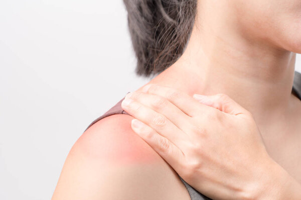 closeup women neck and shoulder pain/injury with red highlights on pain area with white backgrounds, healthcare and medical concept