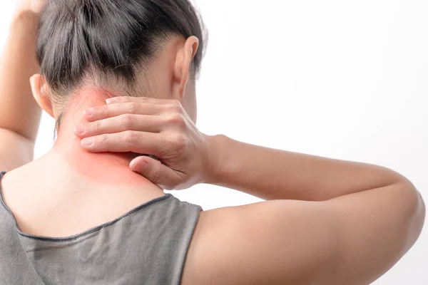 closeup women neck and shoulder pain/injury with red highlights on pain area with white backgrounds, healthcare and medical concept