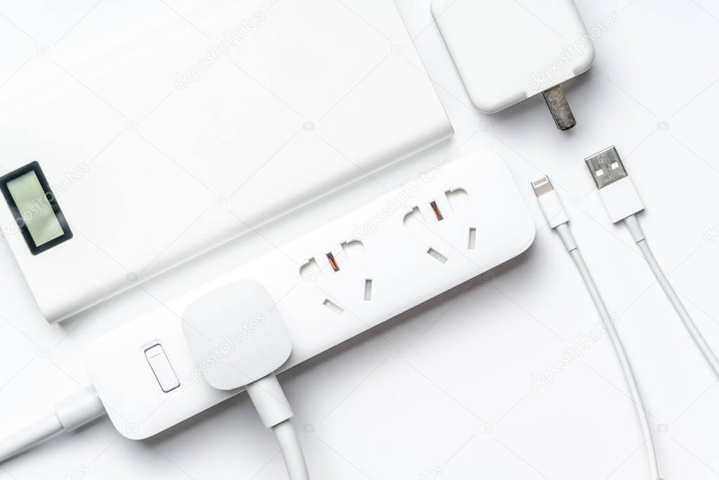 socket plug electric power bank and wire white color isolate. save energy and reduce energy efficiency concept