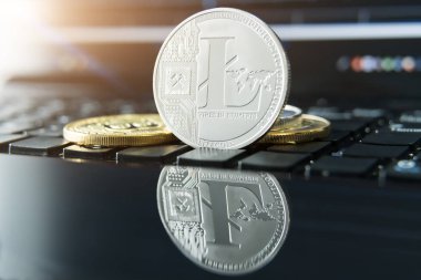 cryptocurrency paralar - Litecoin, Bitcoin, Ethereum, dalgalanma cryptocurrency kavramı stok fiziksel bitcoins altın ve gümüş sikke