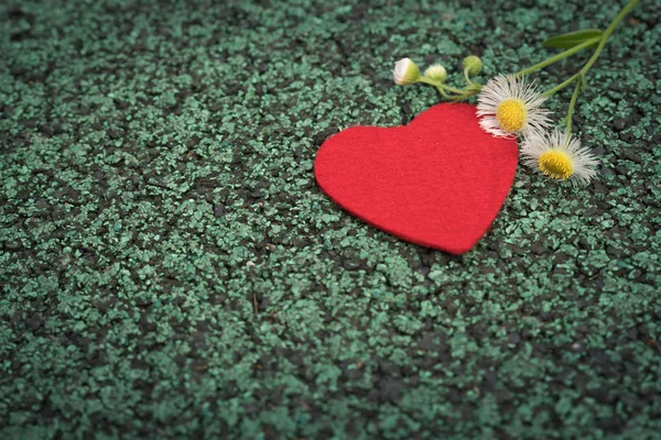 red heart and cute flower on the green walking path backgrounds with copy space