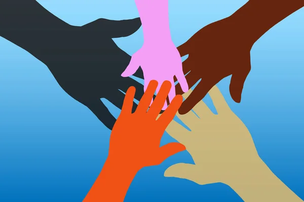 Mezinárodní den lidských práv koncept, Illustrator vektor multi color hand na modrém pozadí — Stockový vektor