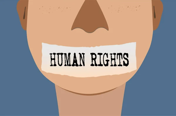 Concepto del Día Internacional de los Derechos Humanos, vector ilustrador cerrar la boca del hombre con cinta, sin voz — Archivo Imágenes Vectoriales