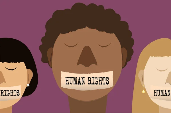 Concepto del Día Internacional de los Derechos Humanos, vector ilustrador cerrar la boca del hombre y la mujer con cinta adhesiva, sin voz — Archivo Imágenes Vectoriales