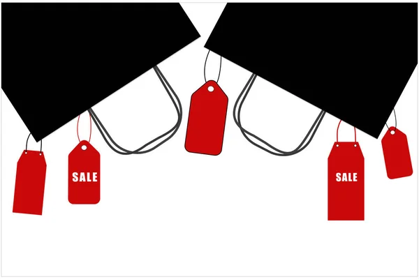 Червоні цінові теги, що звисають з чорними паперовими сумками на білому тлі для концепції продажу чорної п'ятниці — стоковий вектор