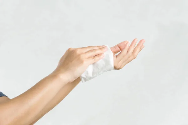 Woman Cleaning Her Hands White Soft Tissue Paper Isolated White — Stock Photo, Image