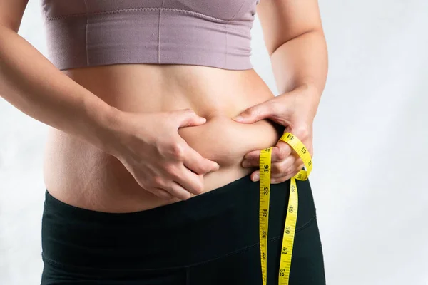 Fat Woman Fat Belly Chubby Obese Woman Hand Holding Excessive — Stock Photo, Image