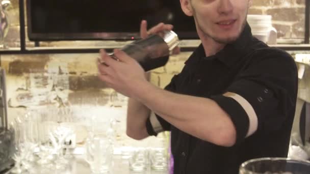 Barman hace cócteles con una coctelera . — Vídeo de stock