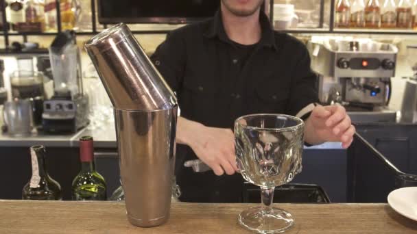 Männliche Hände Barkeeper schüttete Eis in einen Cocktail — Stockvideo