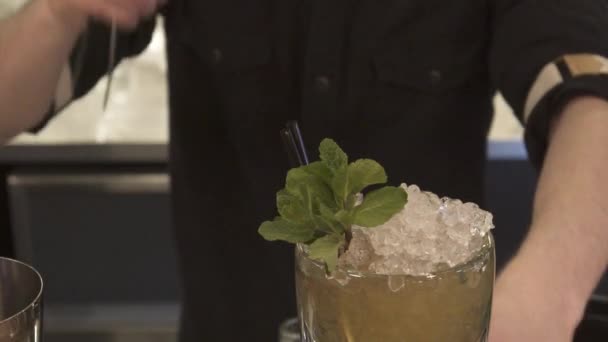 Stijlvolle barman barman serveert gewone klassieke rum gebaseerde drinken cocktail kalk decoratie shaker in bar uniform cruise schip — Stockvideo