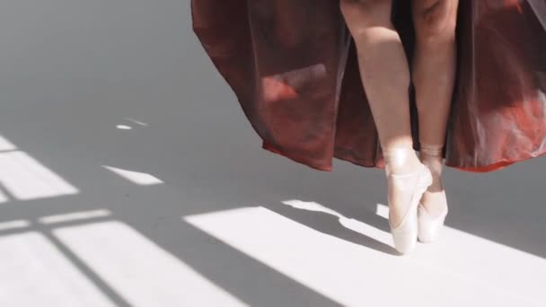 Lábak a fiatal táncosok, balett osztályban. Balett-táncos, egy piros szoknya. Mozgás a láb. Pointe cipők. — Stock videók