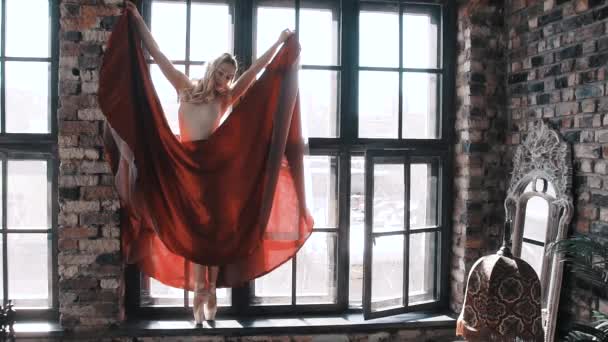 Bailarina de ballet con una falda roja brillante en el fondo de la ventana — Vídeos de Stock