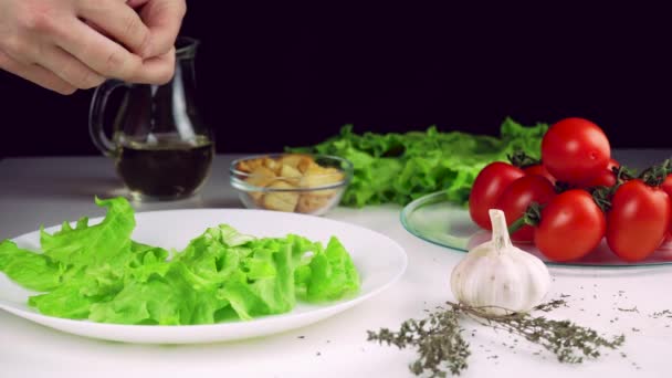 Mani delle donne, tritare l'insalata in un piatto — Video Stock