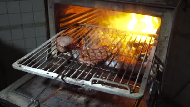 Carne a la parrilla en barbacoa con llamas y carbones. — Vídeo de stock