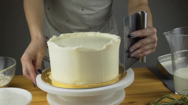 Spatula kullanarak el ile tereyağı krema kek koyarak — Stok video