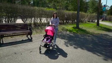 Genç anne ile bebek arabasını Park yürüme