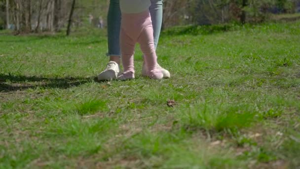 Eine junge Mutter bringt ihrer Tochter das Gehen bei. im Park auf dem grünen Rasen. — Stockvideo