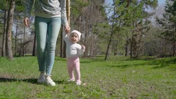 Una joven madre le enseña a caminar a su hija. En el parque en la hierba verde . — Vídeos de Stock