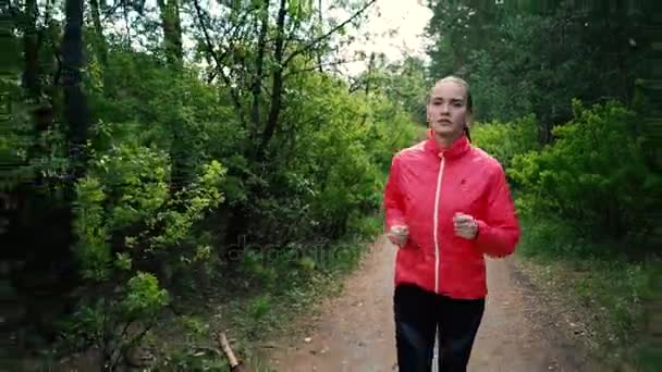 Treino de fitness ao ar livre. Uma mulher desportiva a correr pela floresta. Ela está de bom humor e uma grande figura. Floresta caduca após a chuva . — Vídeo de Stock