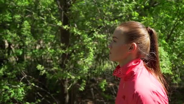 Early Morning Beautiful Girl in Pink Sweater is Jogging in the Woods no início da primavera, em um fundo de árvores com folhas jovens, leva um estilo de vida ativo — Vídeo de Stock