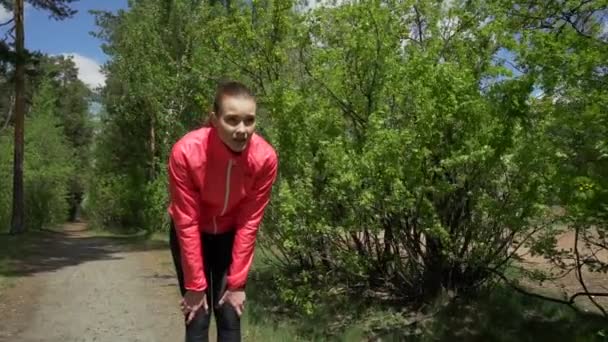 Slow motion closeup shot of young active woman with ponytail exercising at autumn forest — Stock Video